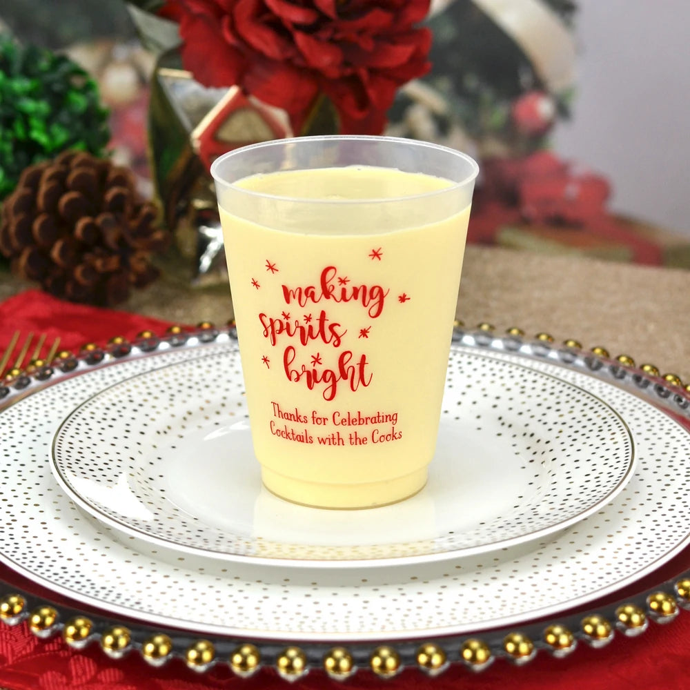 16 oz clear frosted plastic christmas eggnog cup customized with making spirits bright design and custom text in red print