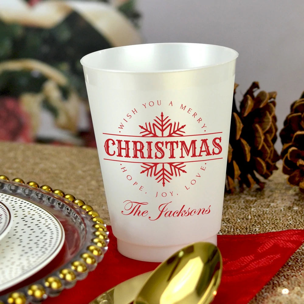 Pearl frosted Christmas party cup personalized with Merry Christmas design and custom text in red print