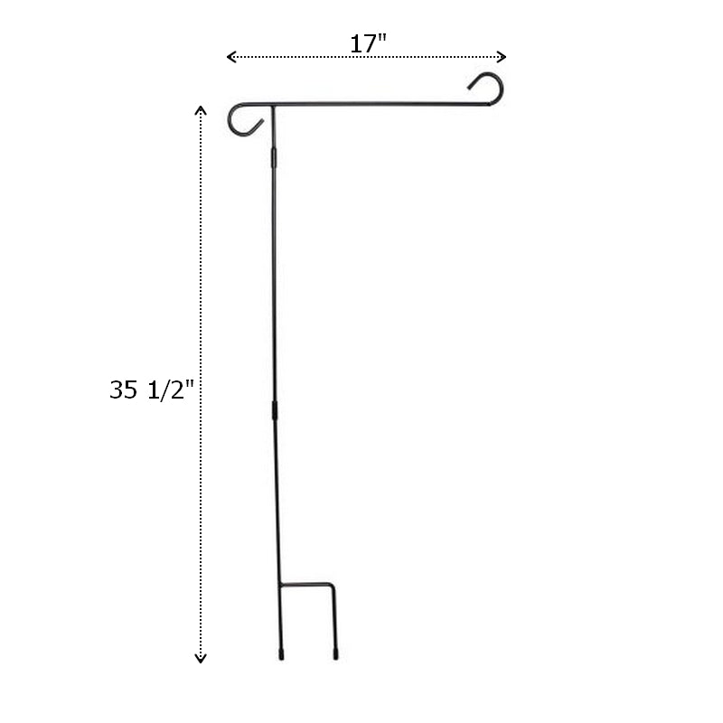 Black metal garden flag holder stand measuring 35.5 inches tall and 17 inches wide for personalized garden flags