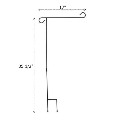 Black metal garden flag holder stand measuring 35.5 inches tall and 17 inches wide for personalized garden flags