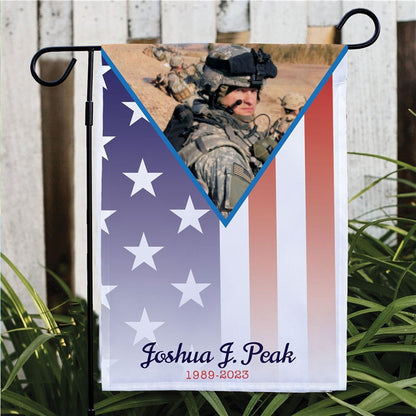 Military photo personalized garden flag with American flag design and soldier image