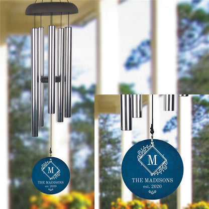 Monogram initial personalized wind chime with silver tubes and custom blue name plate