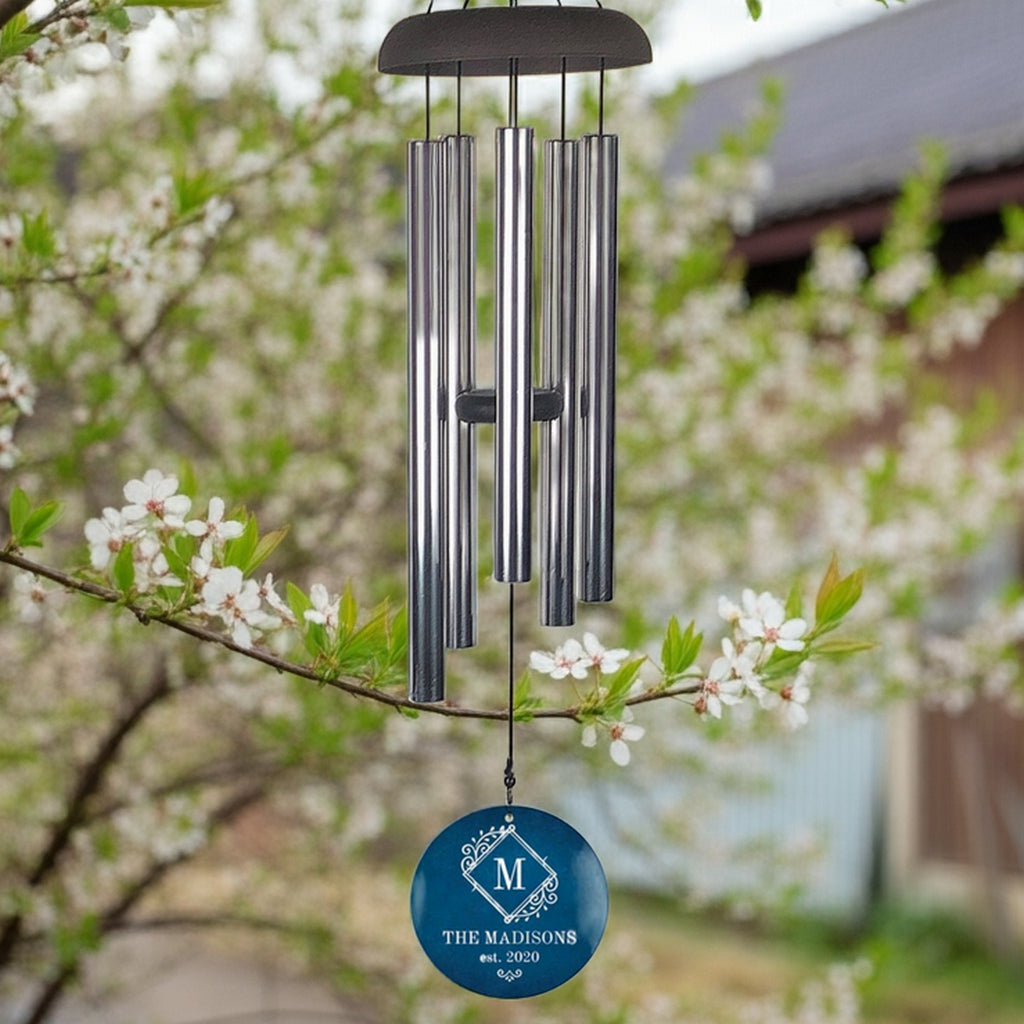 Monogram initial personalized wind chime with metal tubes and custom engraved blue disc