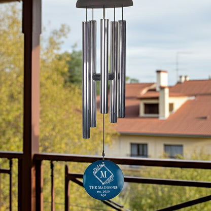 Monogram initial personalized wind chime with metal tubes and custom family name design