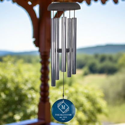 Monogram initial personalized wind chime with metal tubes and custom blue round tag