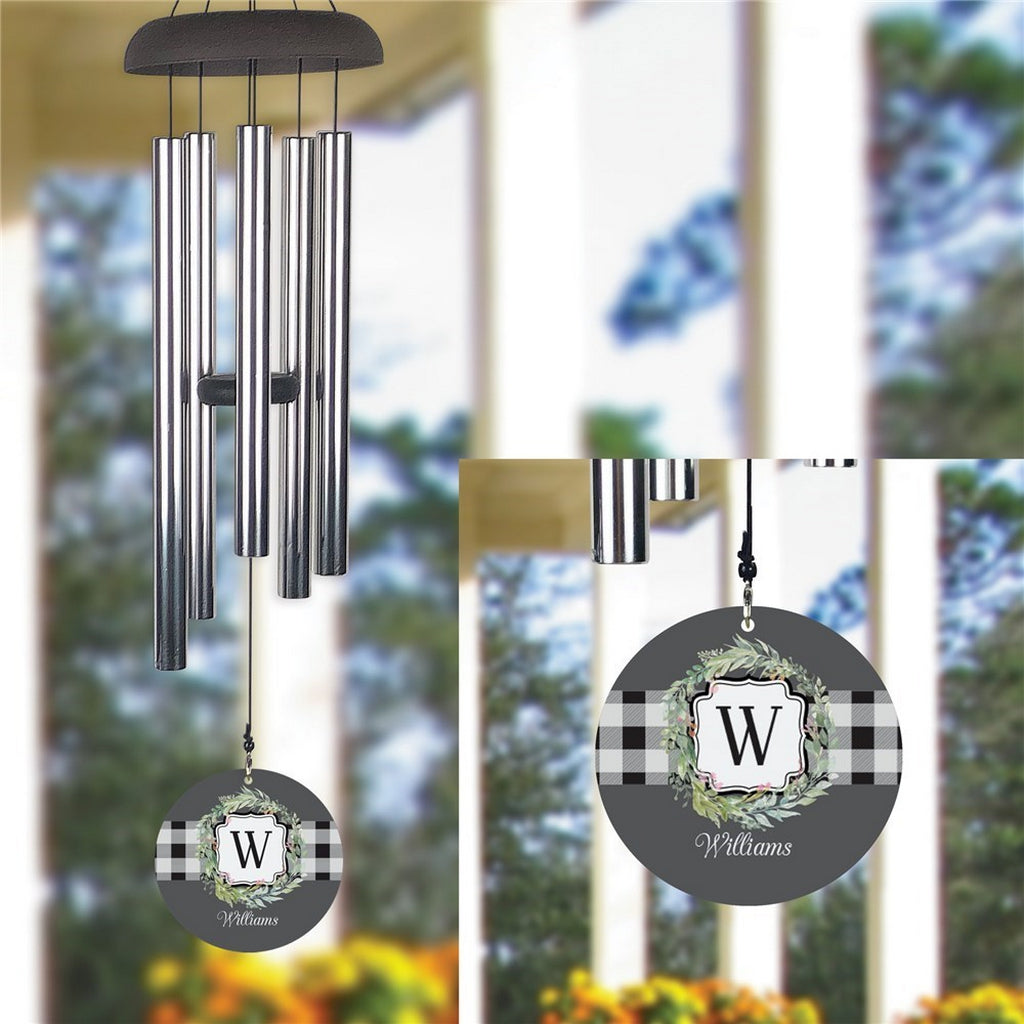 Monogram initial wind chime with metal tubes and personalized W initial wind sail