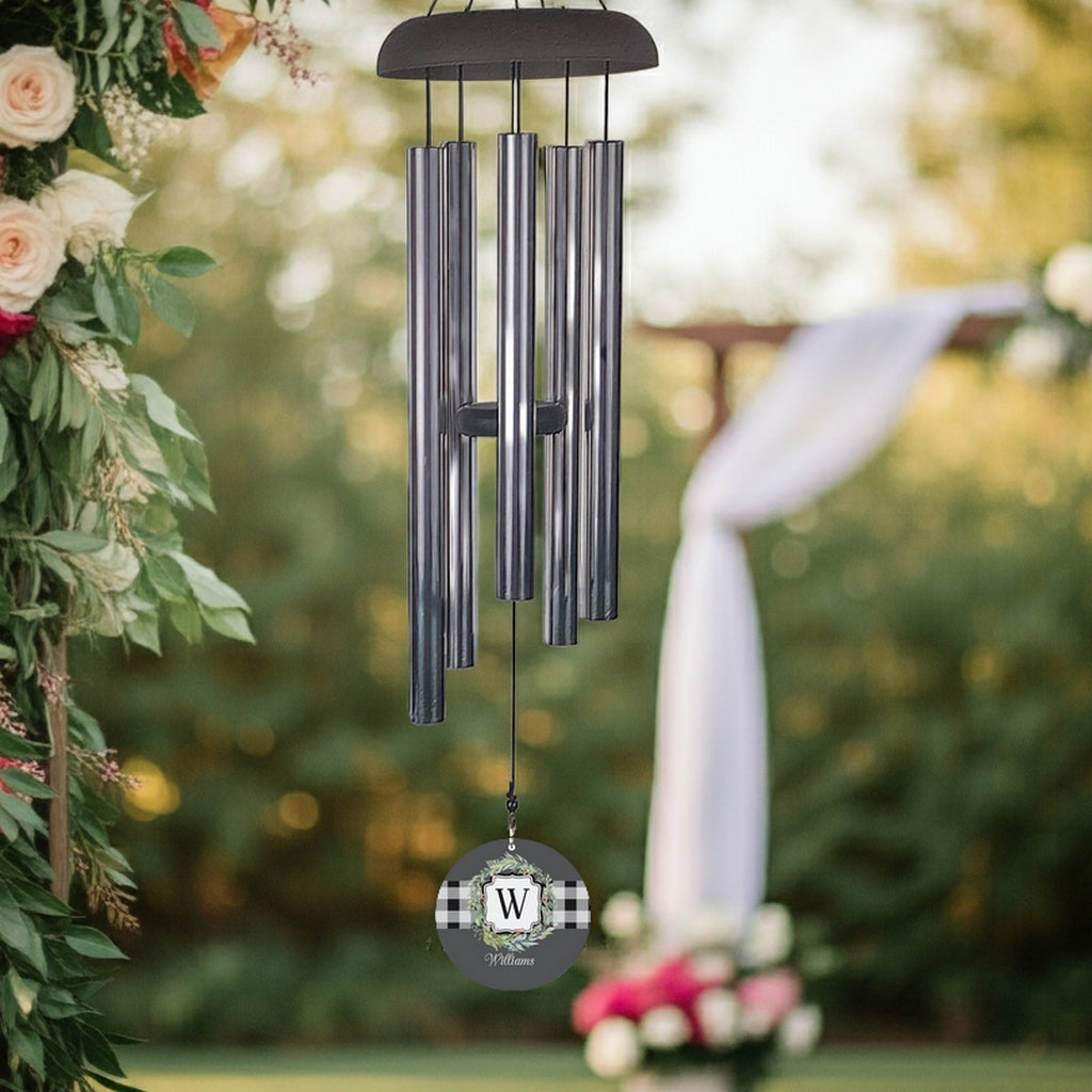 Monogram initial wind chime with metal tubes and personalized letter W wind sail