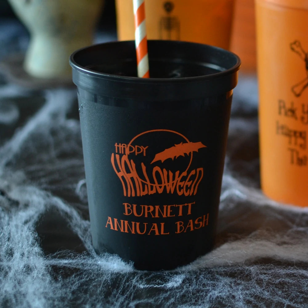 Black halloween stadium cup personalzied with bat and moon happy halloween design and 2 lines of custom text in orange print