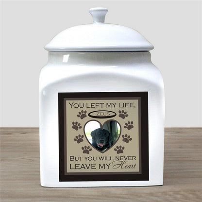 White personalized photo pet urn with heart-shaped photo and paw print design