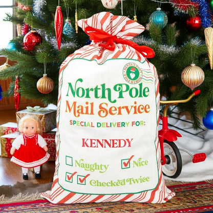 Personalized North Pole Santa Gift Sack with Naughty and Nice Checklist for Christmas Gift Delivery