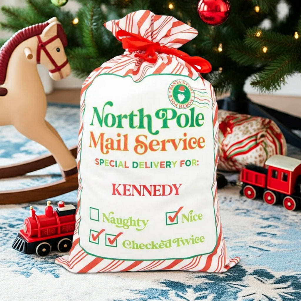 Personalized North Pole Delivery Santa gift sack with green and red design for holiday gifts