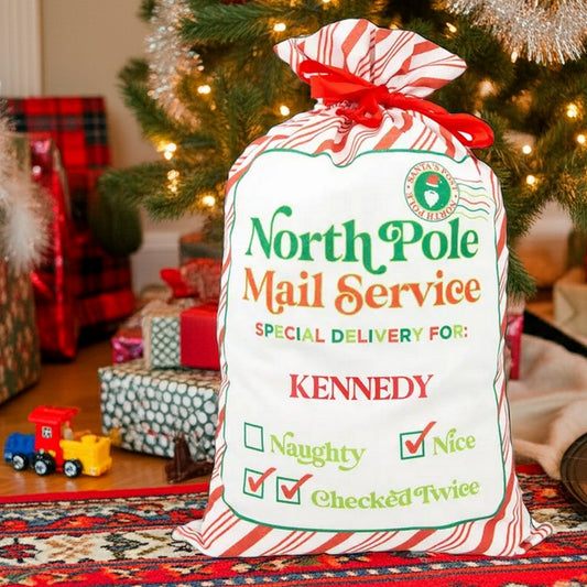 Personalized Santa gift sack featuring North Pole Mail Service design for holiday cheer
