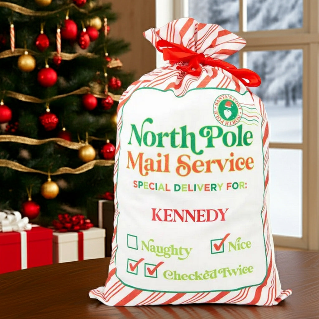 Santa gift sack featuring North Pole Mail Service design for personalized holiday gifts