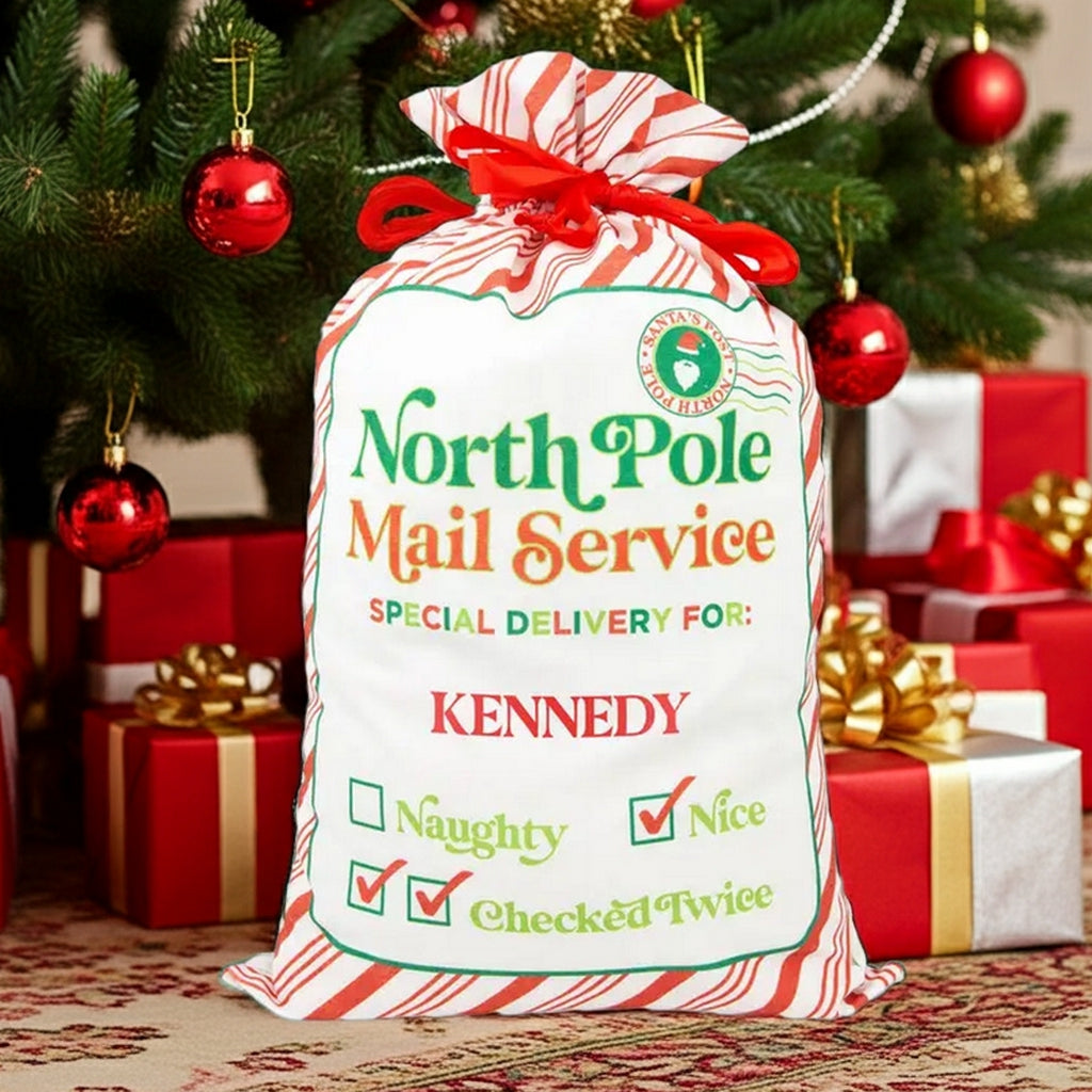 Santa gift sack featuring North Pole Mail Service design with Naughty and Nice checkboxes for personalized holiday gifts