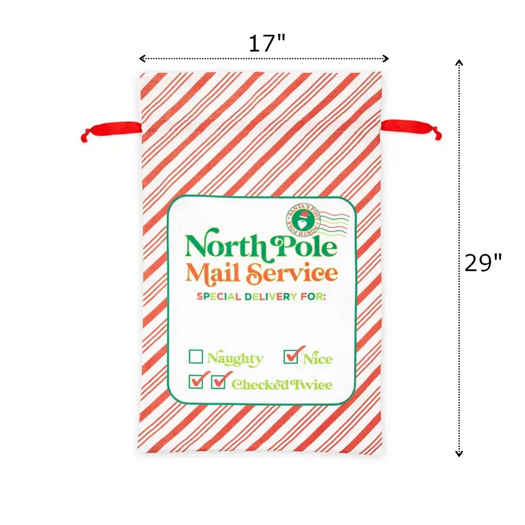 Santa gift sack featuring North Pole Mail Service design with red and white stripes for holiday presents