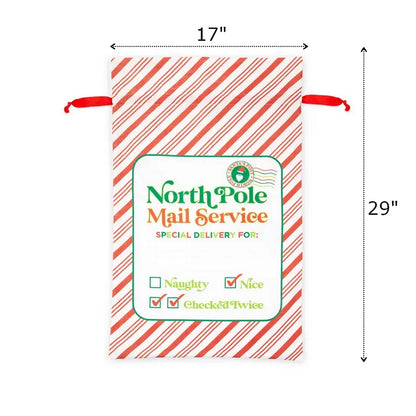 Santa gift sack featuring North Pole Mail Service design with red and white stripes for holiday presents
