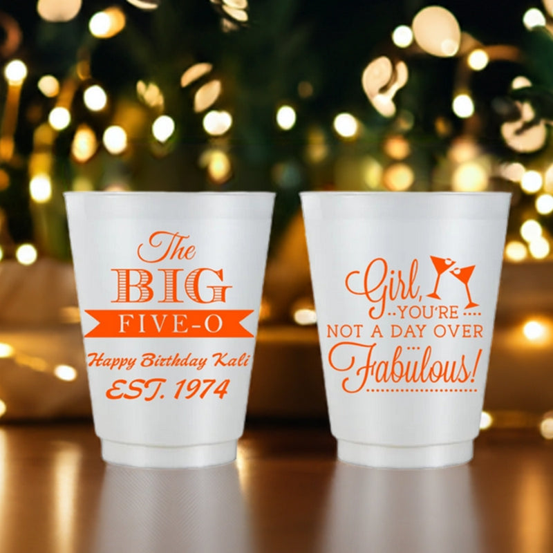 Not a day over fabulous 50th birthday party cups personalized. Pearl frosted cups customing with orange print. 16 oz size reusable adult bday cups.