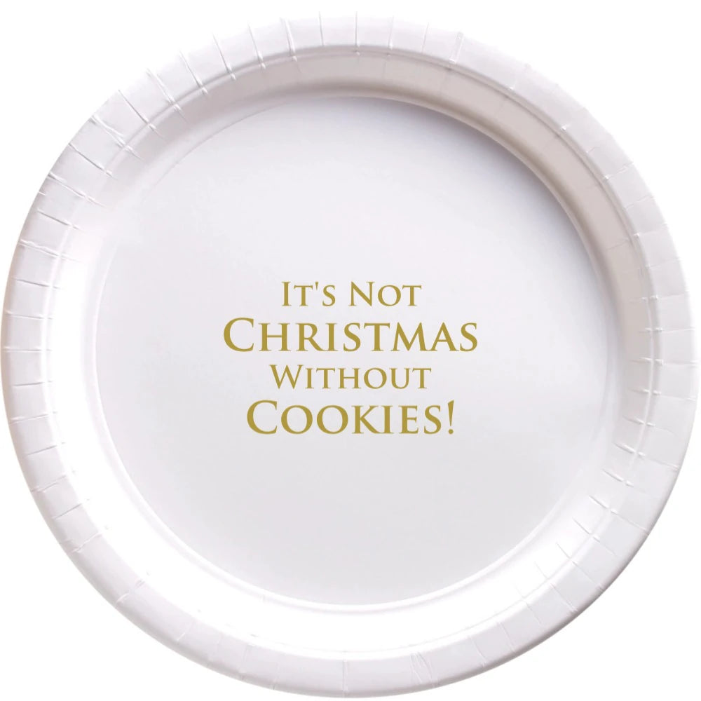 White paper Christmas cookie plate personalized with 4 lines of custom text in gold print