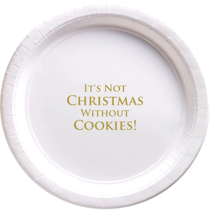 White paper Christmas cookie plate personalized with 4 lines of custom text in gold print