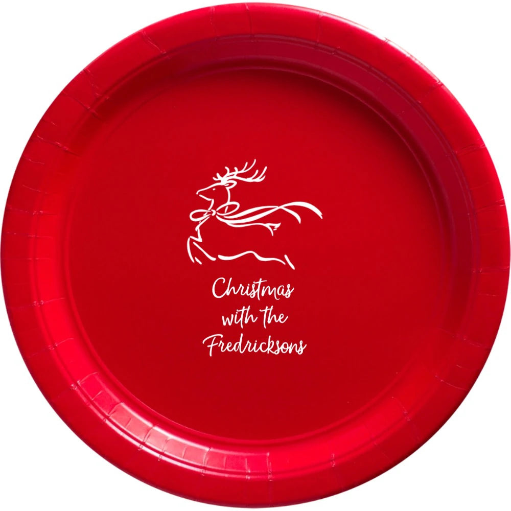 Red paper Christmas dinner plate personalized with reigndeer design and 3 lines of custom text in white print