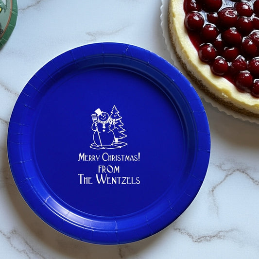 Blue paper Christmas plates with festive snowman design for holiday celebrations