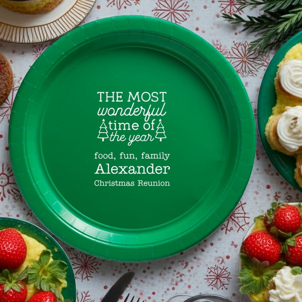 Personalized green paper Christmas plates with festive design for holiday gatherings