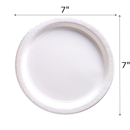 White paper party plate dislaying dimenstions 7 inches wide by 7 inches long