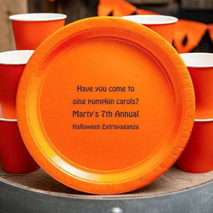 Tippytoad custom printed paper Halloween dinner plates orange plate with black personalized party text and matching cups