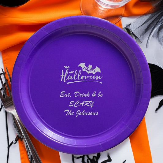 Tippytoad purple custom printed paper Halloween dinner plates with white Happy Halloween bat design personalized for The Johnsons