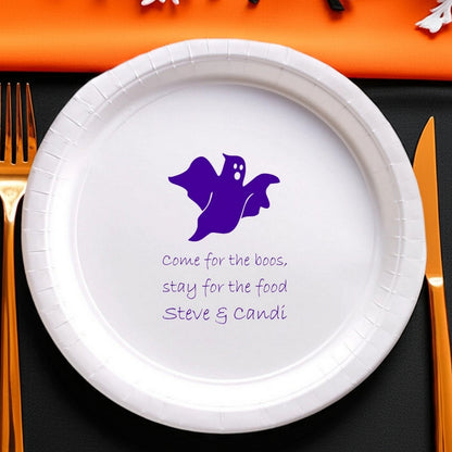 White paper plate with purple ghost and personalized text on black setting custom printed paper Halloween dinner plates