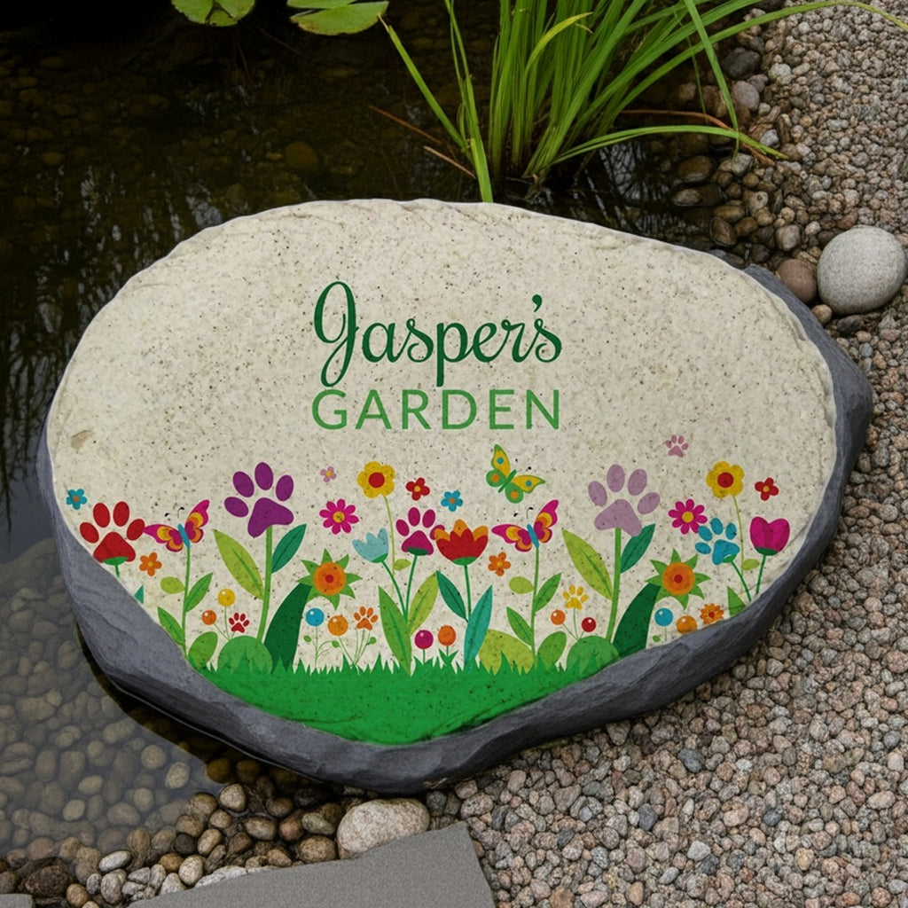 Garden stone with paw print flowers personalized pet memorial garden stone design