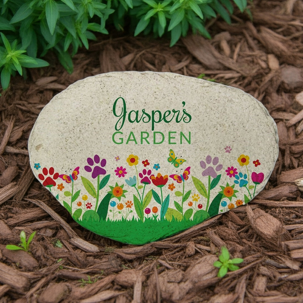 Paw print flowers personalized pet memorial garden stone with colorful floral design