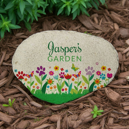 Paw print flowers personalized pet memorial garden stone with colorful floral design