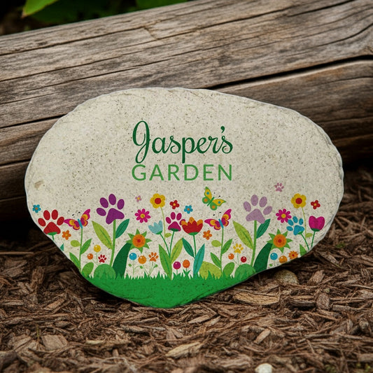 Paw print flowers personalized pet memorial garden stone with colorful flower and butterfly design