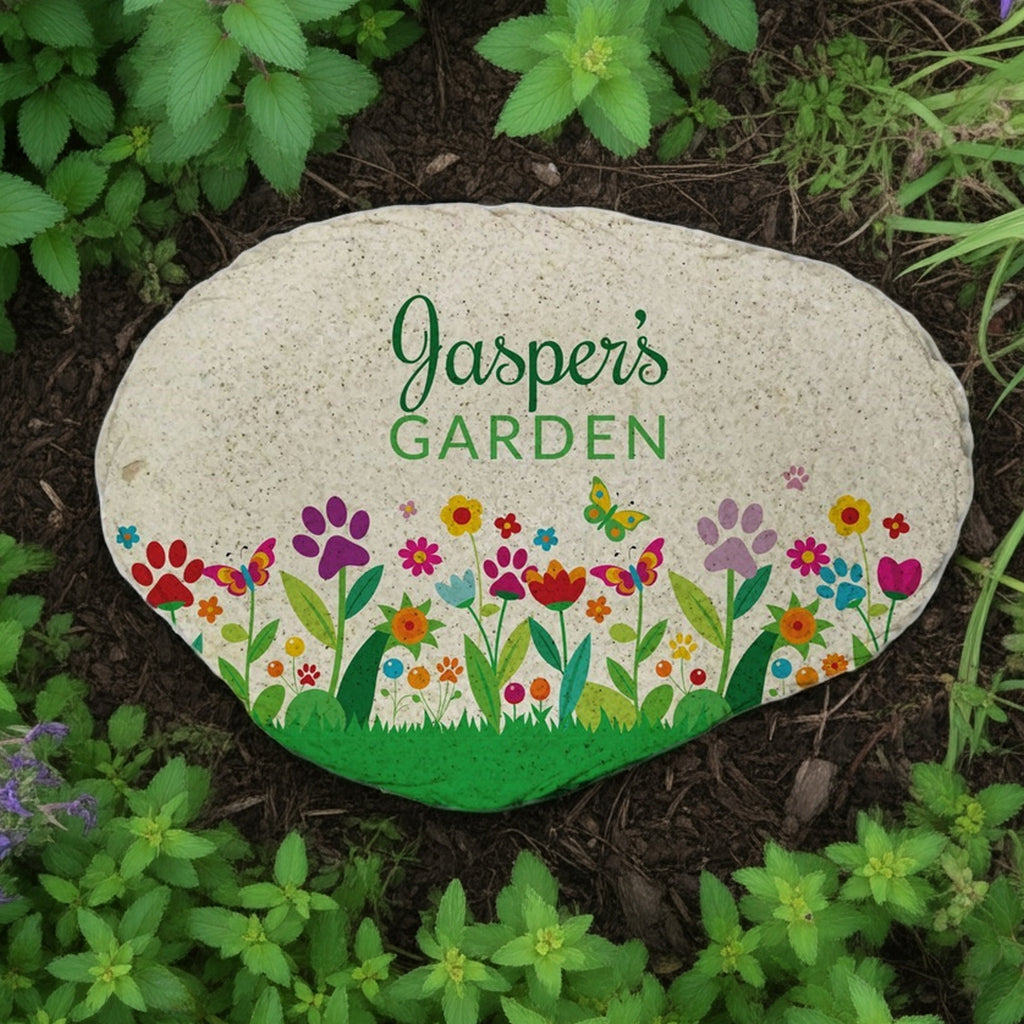Paw print flowers personalized pet memorial garden stone with colorful flower design
