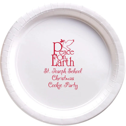 White paper Christmas dessert plate personalized with Peace On Earth design and 3 lines of text in red print for school Christmas party