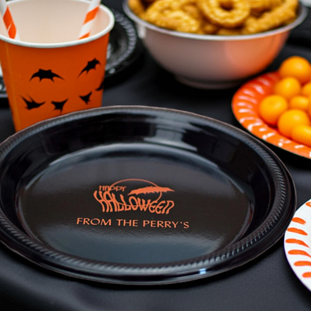 Black plate with orange Happy Halloween name imprint for party tables personalized 10 inch plastic halloween dinner plates