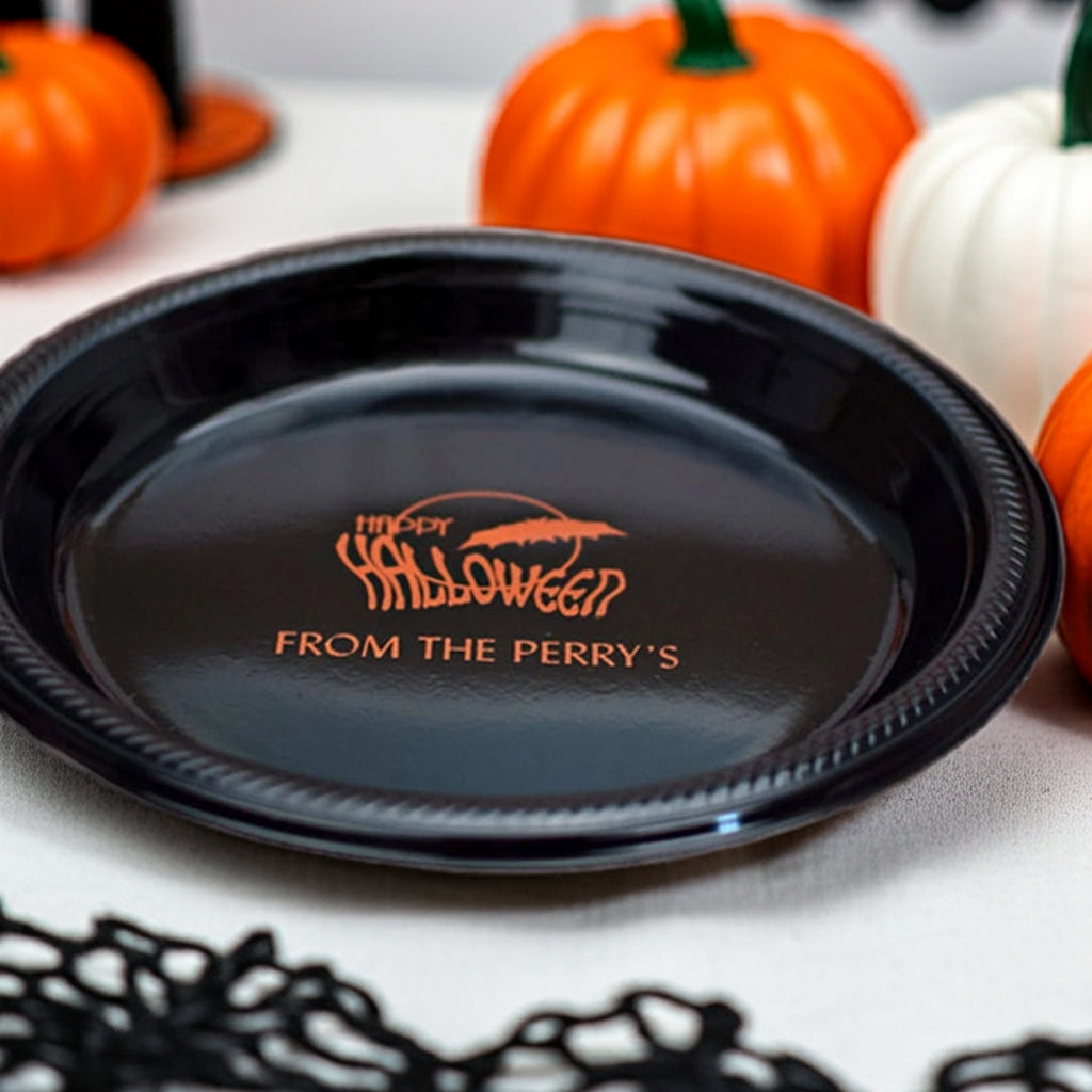 Tippytoad personalized 10 inch plastic halloween dinner plates black plate with orange Happy Halloween and custom name