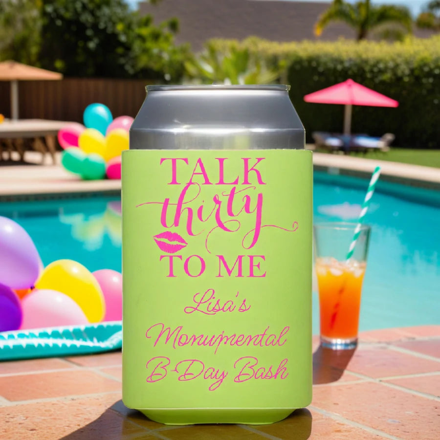 Neon green color waterproof adult birthday party can cooler personalized with talk thirty to me design and 3 lines of custom text in neon pink print at poolside