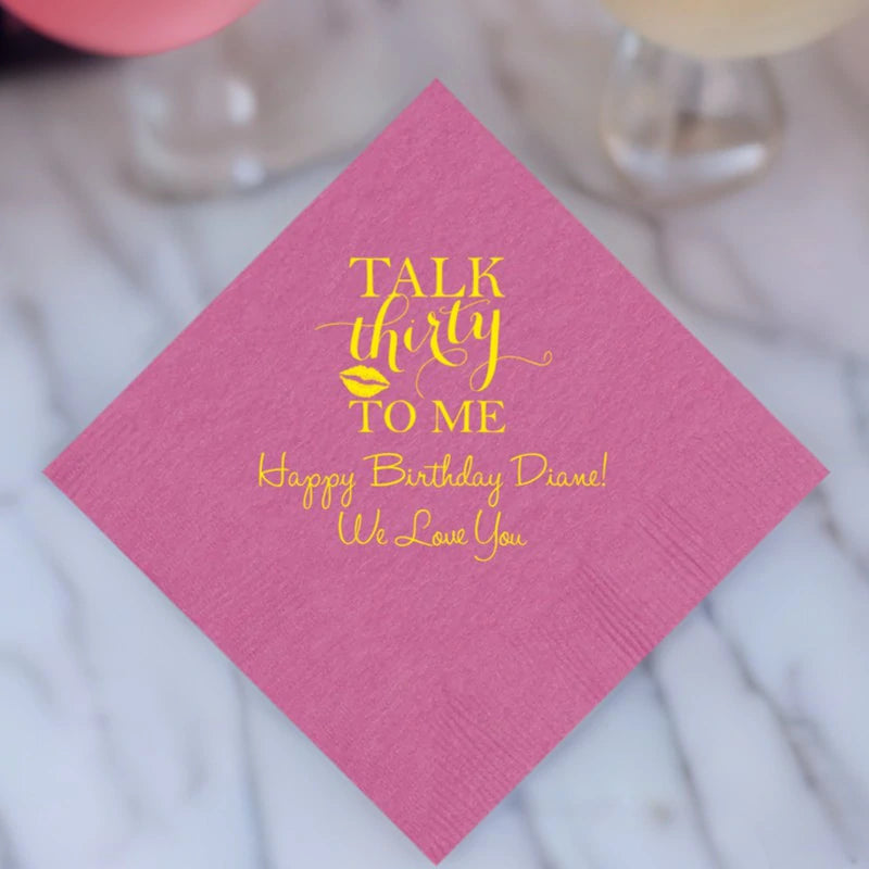 new pink adult birtday party beverage napkins personalized with talk thirty to me design and custom text in yellow print