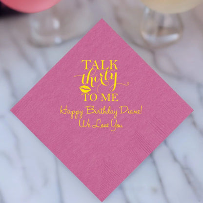 new pink adult birtday party beverage napkins personalized with talk thirty to me design and custom text in yellow print