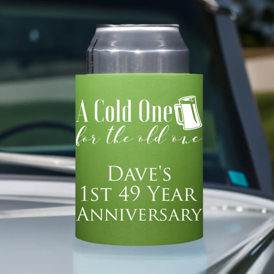 Neon green color arctic foam adult milestone birthday can cooler personalized with a cold one for the old one design and 3 lines of text in white print