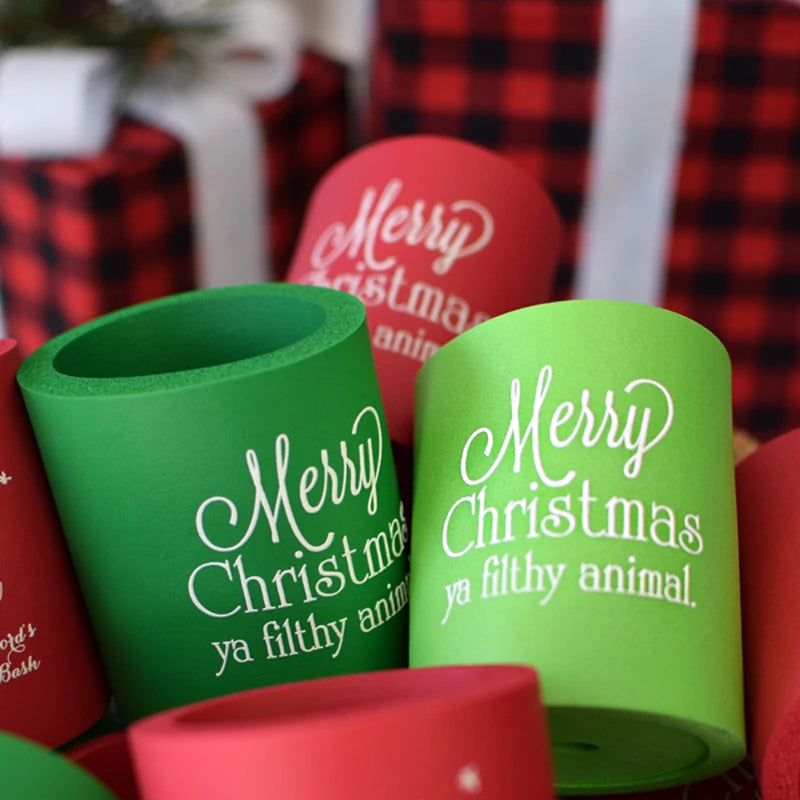 Arctic foam Christmas theme beer and soda can sleeves in assorted colors personalized with Merry Christmas desing and custom text in white print