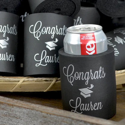 Black color can coolers custom printed with silver print for graduation party favors