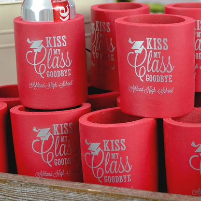 Red color artic foam graduation can cooler favors personalized with kiss my class goodbye design and high school name in silver print