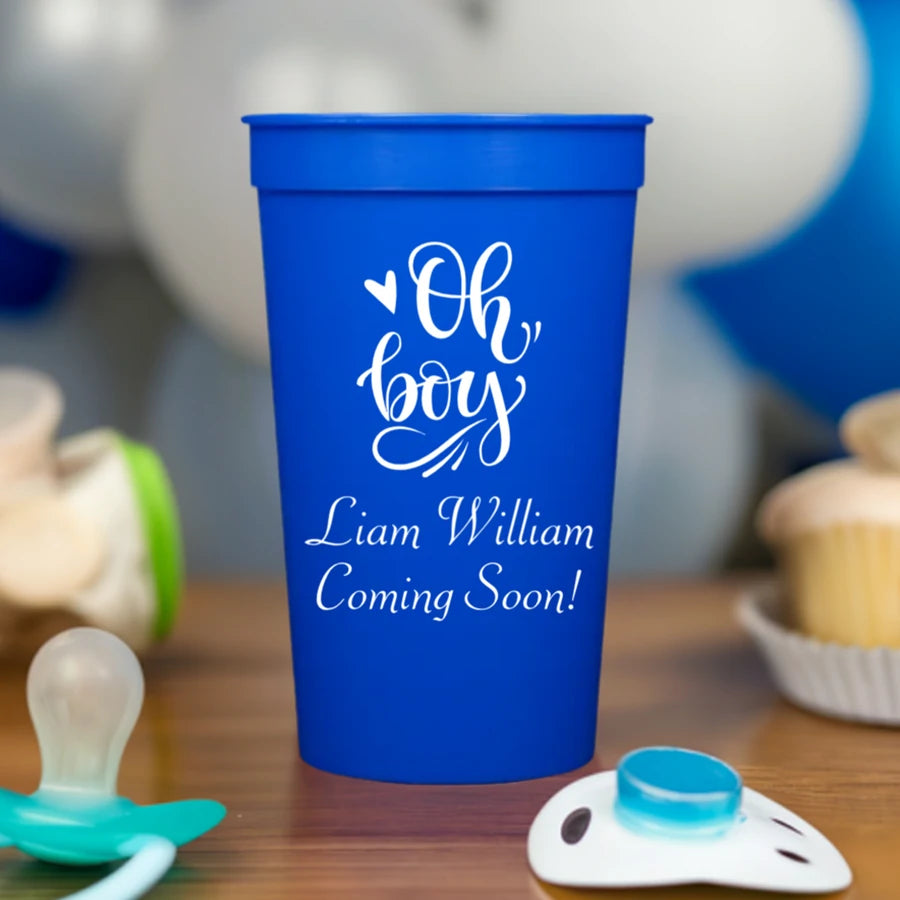 Blue color 22 oz. tall stadium cup personalized for baby shower with  oh boy design and 2 lines of custom text in white print