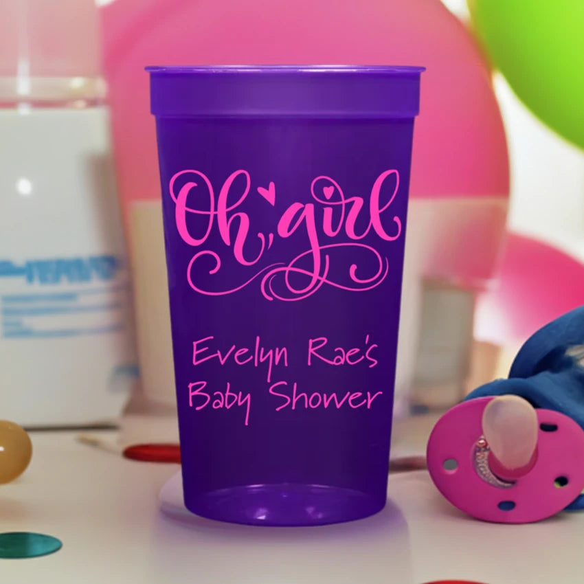 Translucent purple baby shower stadium cup personalized with oh girl design and 2 lines of text in neon pink print