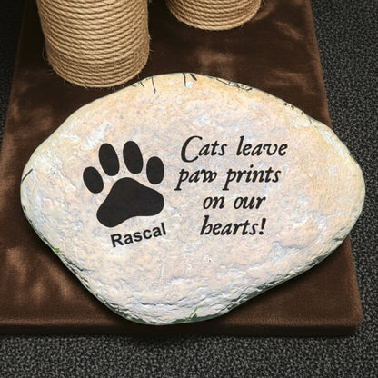 Personalized cat memorial garden stone with paw print and Rascal engraving