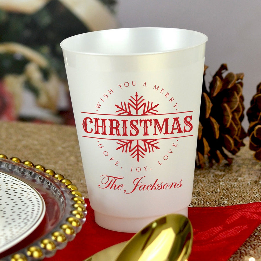 Pearl frosted 16 oz. cup personalized with 'Christmas Hope, Joy, Love' design and one line of text in red imprint color