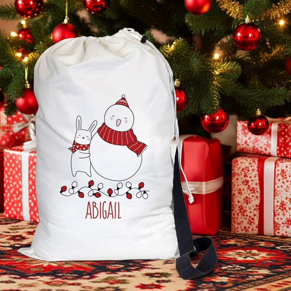 Personalized christmas gift sack featuring a snowman and bunny design for festive holiday gifting